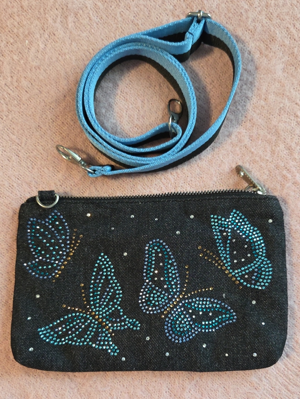 Denim Crossbody Bag with Blue Butterfly Rhinestones